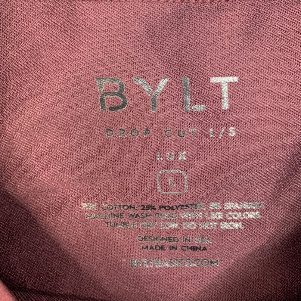 BYLT Shirt Mens L Large Maroon Grey Polka Dot Drop Cut Long Sleeve Crew Stretch - Picture 5 of 10